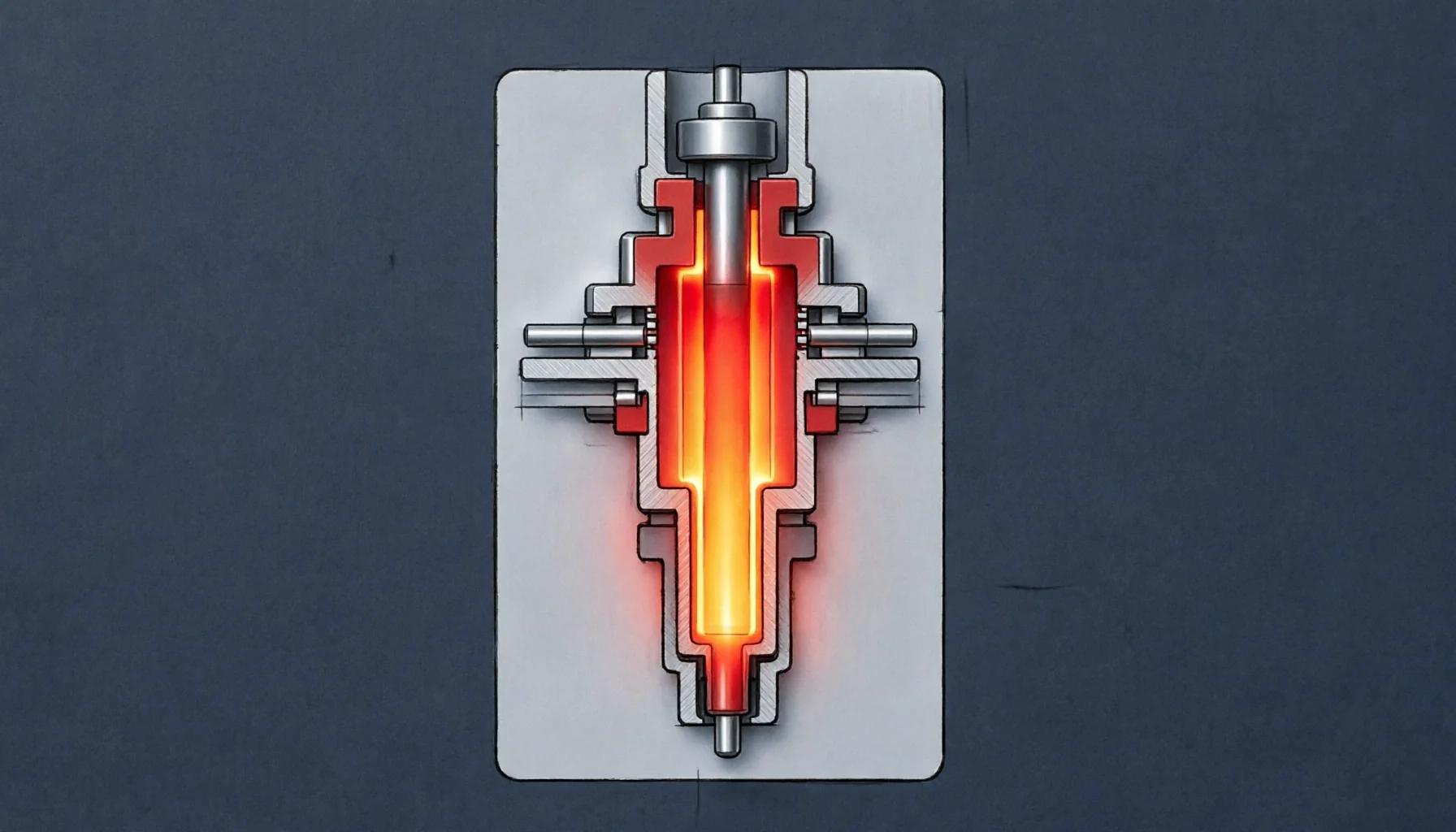 Cross-sectional diagram of the independent heating module for the nozzle tip - Precise pre-heating of gate material by the independent heating module before injection molding